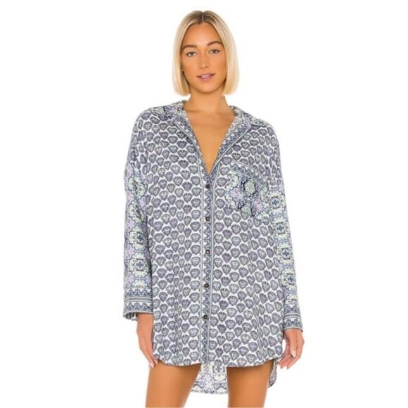 Free People Other - Free People Happy Holibabe Printed Long Sleeve Sleepshirt in Indigo Combo size M